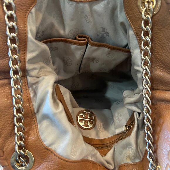 Tory Burch "Marion" Cognac Brown Pebbled Leather Large Slouchy Shopper Tote - Picture 14 of 16